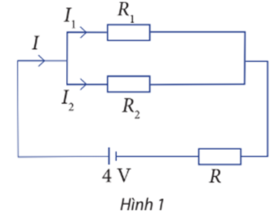 Cho sơ đồ mạch điện như Hình 1. Biết rằng R = R1 = R2 = 5 Ω. Hãy tính các cường độ dòng điện I, I1 và I2. (ảnh 1)