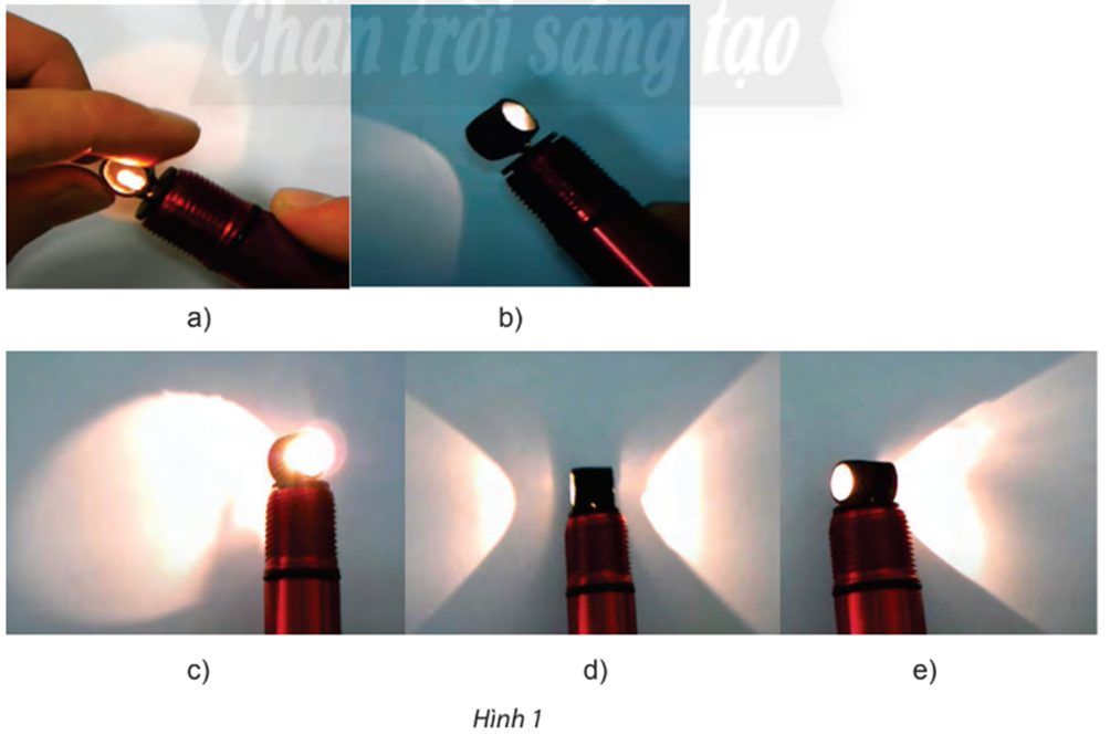 Gắn một đoạn ống nhựa vào đầu bóng của một đèn chiếu nhỏ để tạo ra một chùm ánh sáng hình mặt nón tròn xoay (Hình 1a, b). Chiếu đèn lên một bức tường với các góc nghiêng khác nhau để ánh sáng từ đèn hắt lên bức tường tạo thành các bóng khác nhau (Hình 1c, d, e). Nhận xét hình ảnh bạn nhìn thấy trên bức tường. (ảnh 1)