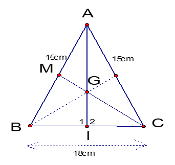  Cho ABC cân tại A ( nhọn ). Tia phân giác góc của A cắt BC tại I.   a) Chứng minh AI  BC;   b) Gọi M là trung điểm của AB, G là giao điểm của CM với AI. Chứng minh rằng BG là đường trung tuyến của tam giác ABC;   c) Biết AB = AC = 15cm; BC = 18 cm. Tính GI. (ảnh 1)