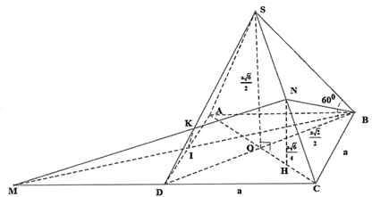 Cho hình chóp tứ giác đều S.ABCD có cạnh đáy bằng a , cạnh bên hợp với đáy một góc  60 độ (ảnh 1)