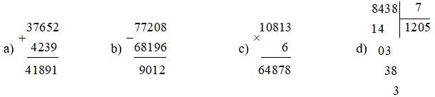 Đặt tính rồi tính. a) 37652 + 4239 b) 77208 – 68196  (ảnh 1)