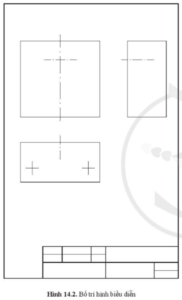 Hình 14.2 bố trí các hình biểu diễn chi tiết bằng các đường nào? Nêu vai trò của việc bố trí hình biểu diễn trên khổ giấy đã chọn. (ảnh 1)