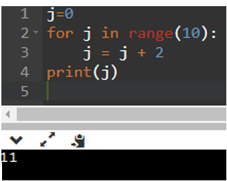 Trong câu lệnh lặp: j=0 for j in range(10):     j = j + 2 print(j) Khi kết thúc câu lệnh trên, câu lệnh print(j) được thực hiện bao nhiêu lần? A. 10 lần. B. 1 lần. C. 5 lần. D. Không thực hiện. (ảnh 1)