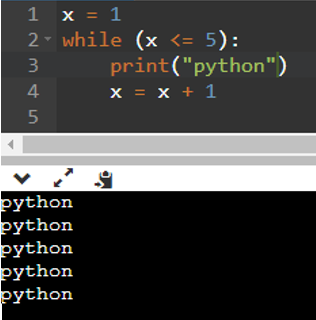 Hãy đưa ra kết quả trong đoạn lệnh sau: x = 1 while (x <= 5):     print(“python”)     x = x + 1 A. 5 từ python. B. 4 từ python. C. 3 từ python. D. Không có kết quả. (ảnh 1)