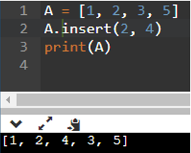 Kết quả khi thực hiện chương trình sau? >>> A = [1, 2, 3, 5] >>> A.insert(2, 4) >>> print(A) A. 1, 2, 3, 4. B. 1, 2, 4, 3, 5. C. 1, 2, 3, 4, 5. D. 1, 2, 4, 5. (ảnh 1)