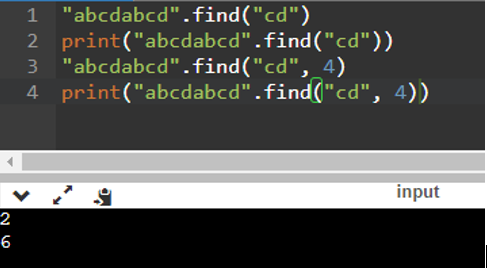 ệnh sau trả lại giá trị gì? >>  “abcdabcd”. find(“cd”) >> “abcdabcd”. find(“cd”, 4) A. 2, 6. B. 3, 3. C. 2, 2. D. 2, 7. (ảnh 1)