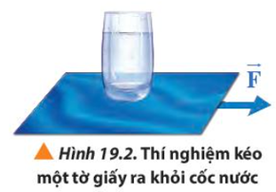 Đưa ra phương án kéo một tờ giấy ra khỏi cốc nước (Hình 19.2) sao cho cốc nước không đổ. Giải thích và làm thí nghiệm kiểm chứng. (ảnh 1)
