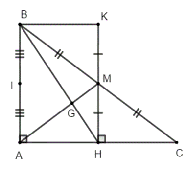 Cho ∆ABC vuông tại A, vẽ trung tuyến AM (M  BC). Từ M kẻ MH AC (H  AC), trên tia đối của tia MH lấy điểm K sao cho MK = MH. a) Chứng minh ∆MHC = ∆MKB; b) Chứng minh AB // MH; c) Gọi G là giao điểm của BH và AM, I là trung điểm của AB. Chứng minh I, G, C thẳng hàng. (ảnh 1)