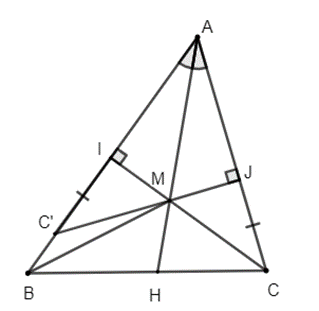  Trên tia phân giác góc A của tam giác ABC (AB > AC) lấy điểm M.  Chứng minh  . (ảnh 1)