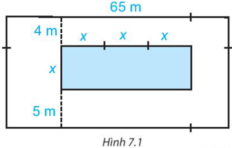 Trên một mảnh đất hình chữ nhật có chiều dài 65 m, người ta định làm một bể bơi có chiều rộng là x mét, chiều dài gấp 3 lần chiều rộng. Sơ đồ và kích thước cụ thể (tính bằng mét) được cho trong Hình 7.1 Tìm đa thức (biến x): (ảnh 1)