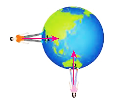Hai bạn đang đứng ở vị trí A và B trên Trái Đất như Hình 11.3. Hãy vẽ vectơ trọng lực tác dụng lên mỗi bạn. (ảnh 2)
