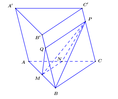 Cho lăng trụ tam giác ABC.A'B'C'. M, N lần lượt là trung điểm AB, AC; P (ảnh 1)