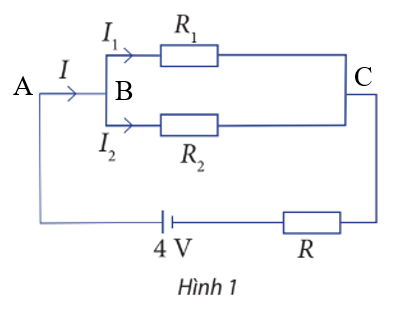 Cho sơ đồ mạch điện như Hình 1. Biết rằng R = R1 = R2 = 5 Ω. Hãy tính các cường độ dòng điện I, I1 và I2. (ảnh 2)