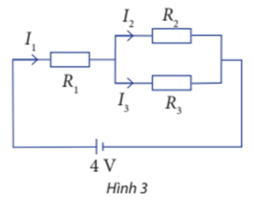 Cho sơ đồ mạch điện như Hình 3. Biết R1 = 4 Ω, R2 = 4 Ω và R3 = 8 Ω. Tìm các cường độ dòng điện I1, I2 và I3. (ảnh 1)
