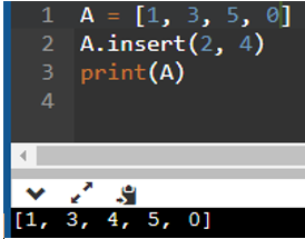 Danh sách A trước và sau lệnh insert() là [1, 3, 5, 0] và [1, 3, 4, 5, 0]. Lệnh đã dùng là lệnh gì? A. insert(2, 4). B. insert(4, 2). C. insert(3, 4). D. insert(4, 3). (ảnh 1)