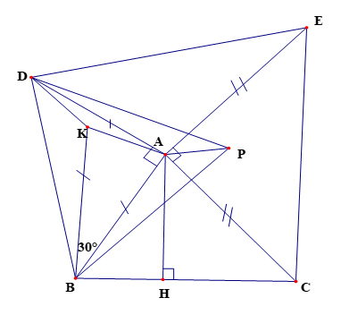 Cho tam giác ABC. Ở phía ngoài tam giác đó vẽ các tam giác vuông cân tại A là ABD và ACE.  a) Chứng minh CD = BE và CD vuông góc với BE; b) Lấy điểm K nằm trong tam giác ABD sao cho góc ABK bằng 300, BA = BK. Chứng minh: AK = KD. (ảnh 2)