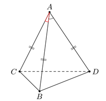 Cho tứ diện ABCD có AB = AC = AD và BAC^=BAD^=60° . Hãy xác định góc giữa cặp vectơ AB→ và CD→ . (ảnh 1)