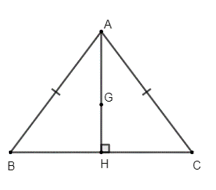 Cho tam giác ABC cân tại A, đường cao AH. Biết AB = 10cm,   BC = 12cm.  a) Chứng minh ;  b) Tính độ dài đoạn thẳng AH;       c) Gọi G là trọng tâm của tam giác ABC. Chứng minh ba điểm A, G, H thẳng hàng (ảnh 1)