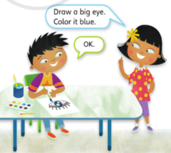 Say and draw. (Nói và vẽ) Draw a big eye. Color it blue. (ảnh 1)