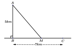 Một ngọn hải đăng đặt ở vị trí  A cách bờ biển một khoảng AB= 5(km). Trên bờ biển có một cái kho (ảnh 1)