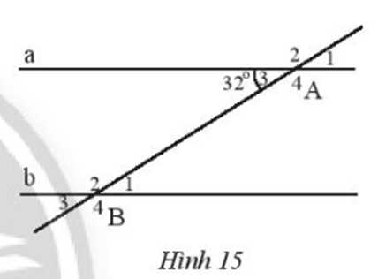 Trong Hình 15, cho biết a // b. Tìm số đo các góc đỉnh A và B. (ảnh 1)