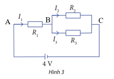 Cho sơ đồ mạch điện như Hình 3. Biết R1 = 4 Ω, R2 = 4 Ω và R3 = 8 Ω. Tìm các cường độ dòng điện I1, I2 và I3. (ảnh 2)