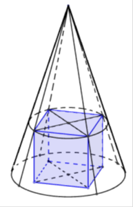 Cho mặt nón có chiều cao h = 6, bán kính đáy r = 3. Hình lập phương ABCD.A’B’C’D’  (ảnh 1)