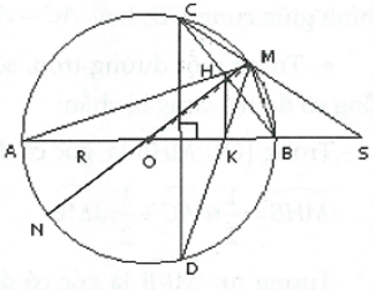 Cho đường tròn (O;R) có đường kính AB. Vẽ dây cung CD vuông góc với AB (CD không đi qua tâm O). Trên tia đối của tia BA (ảnh 1)