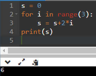 Cho biết kết quả khi chạy đoạn chương trình sau: s = 0 for i in range(3):     s = s+2*i print(s) A. 12. B. 10. C. 8. D. 6. (ảnh 1)