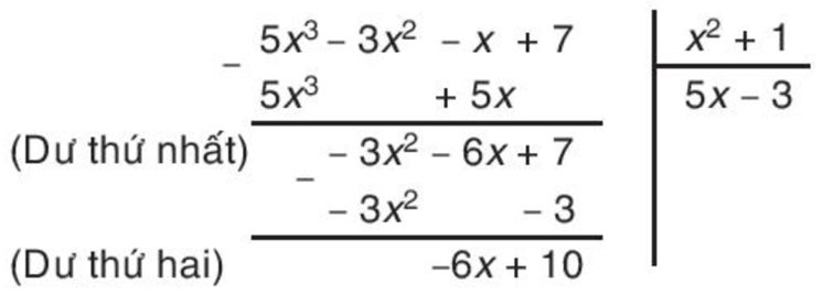 Bốn bước đầu tiên khi chia đa thức D = 5x3 - 3x2 - x + 7 cho đa thứ E = x2 + 1 được viết gọn như sau: (ảnh 1)