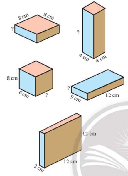 Các hình hộp chữ nhật trong Hình 5 có cùng số đo thể tích. Em hãy tìm các (ảnh 1)