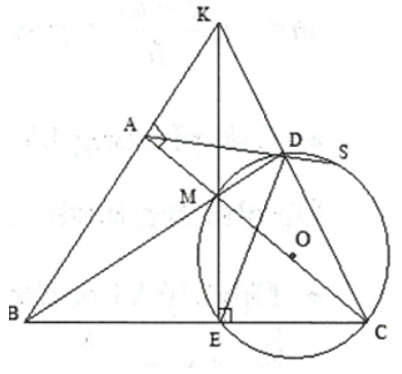 Cho tam giác ABC vuông ở A. Trên cạnh AC lấy 1 điểm M, dựng đường tròn tâm (O) có đường kính MC. Đường thẳng BM cắt đường (ảnh 1)