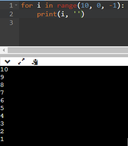 Trong Python, đoạn chương trình sau đưa ra kết quả gì? for i in range(10, 0, -1):     print(i, ‘’)  (ảnh 1)