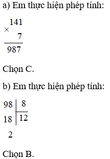 Chọn ý trả lời đúng: a) Kết quả của phép nhân 141 x 7 là: (ảnh 3)