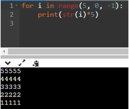 Điền phần còn thiếu … trong đoạn code sau để được kết quả dưới đây? 55555 44444 33333 22222 11111 for i in range(5, 0, …):     print(str(i)*5) A. -1. B. 0. C. None. D. 1. (ảnh 1)