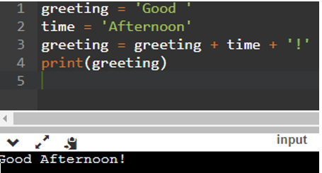 Chương trình sau cho ra kết quả là gì greeting = 'Good ' time = 'Afternoon' greeting = greeting + time + '!' print(greeting) A. ‘GoodAfternoon’. B. ‘GoodAfternoon!’.   (ảnh 1)