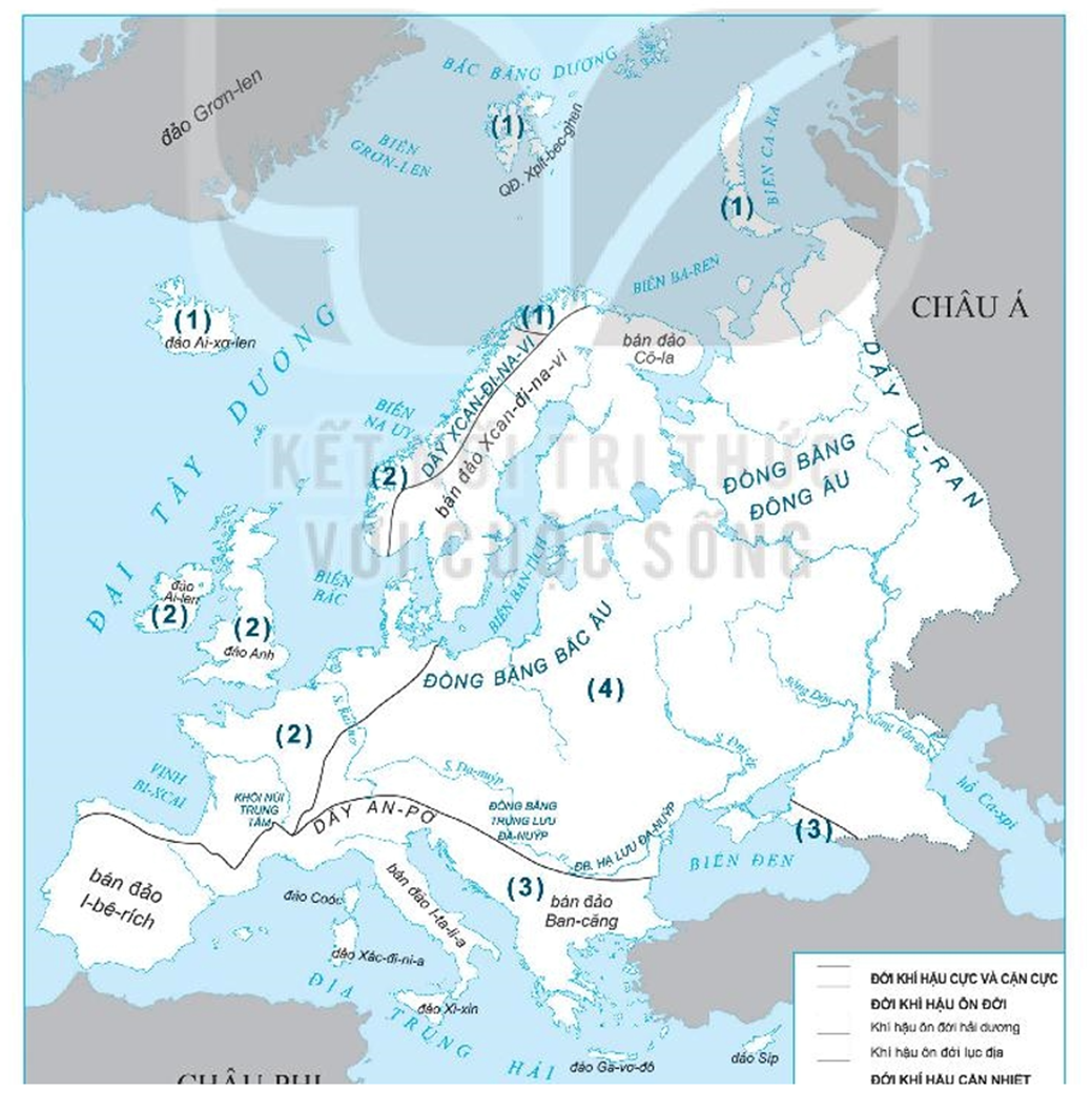 Điền chú giải cho lược đồ các đới và kiểu khí hậu ở châu Âu dưới đây. (ảnh 1)