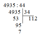 Đặt tính rồi tính: 4935 / 44 = 112 dư 7 (ảnh 1)