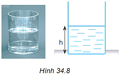 Một khối chất lỏng đứng yên có khối lượng riêng  , hình trụ diện tích đáy S, chiều cao h (Hình 34.8). Hãy dùng công thức tính áp suất ở trên để chứng minh rằng áp suất của khối chất lỏng trên tác dụng lên đáy bình có độ lớn là   Trong đó:  p là áp suất của chất lỏng tác dụng lên đáy bình;  là khối lượng riêng của chất lỏng; g là gia tốc trọng trường  (ảnh 1)