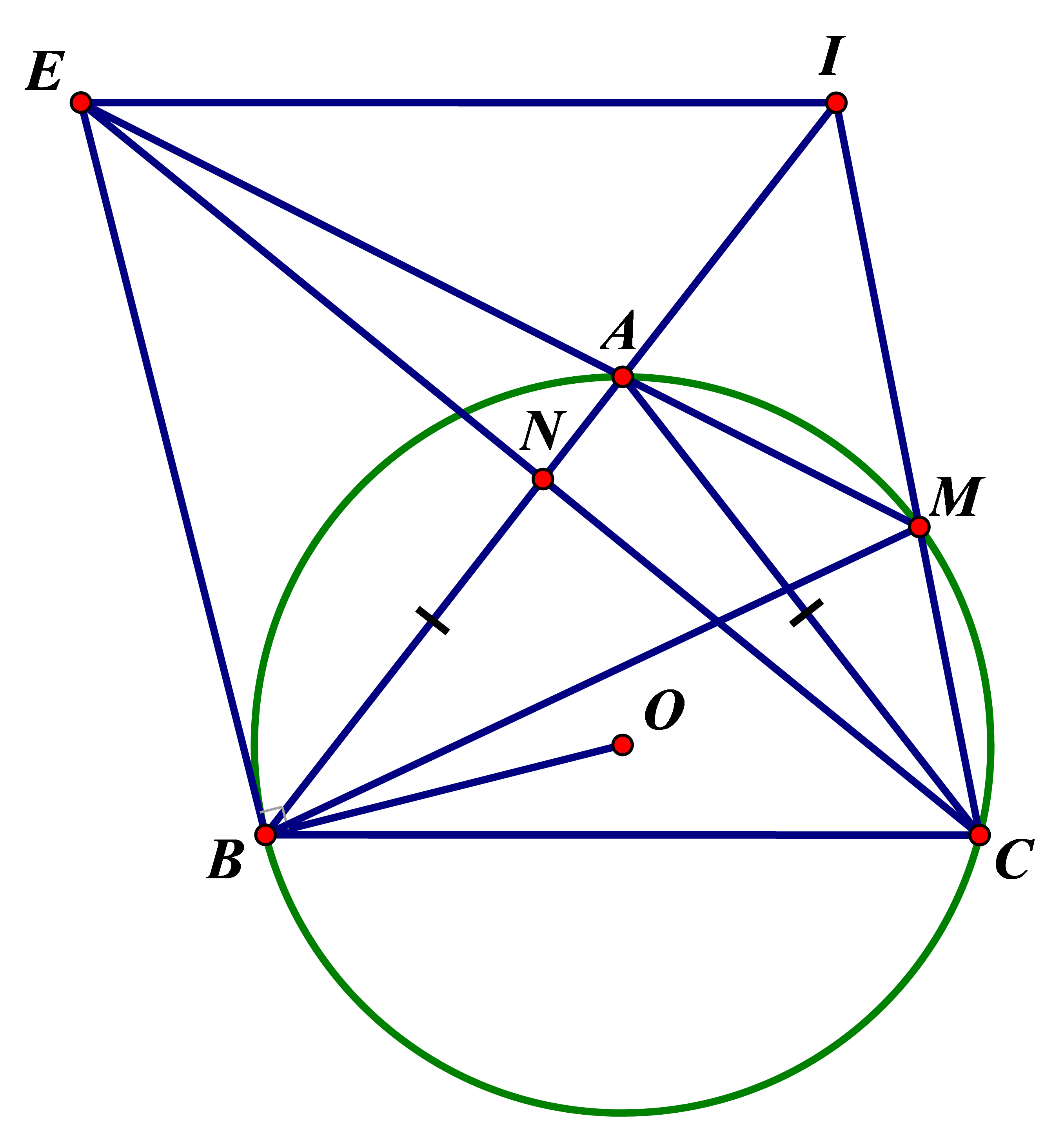 Cho tam giác ΔABC cân tại A, nội tiếp đưởng tròn (O). M là một điểm trên cung nhỏ AC (M ≠ A; C), MC cắt tia BA tại I. Tiếp tuyến tại B của đường tròn (O) cắt AM tại E. Gọi N là giao điểm của BI với EC. Chứng minh rằng: (ảnh 1)