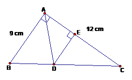 Cho tam giác ABC vuông tại A, biết AB = 9 cm và AC = 12 cm. Tia phân giác của góc BAC cắt cạnh BC tại điểm D. Từ D kẻ đường thẳng vuông góc với AC, đường thẳng này cắt AC tại E. a) Chứng minh: ∆CED đồng dạng với ∆CAB. b) Tính  .     CD/DE   c) Tính diện tích tam giác ABD.  (ảnh 1)