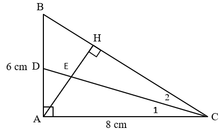 Cho tam giác ABC vuông tại A có AB = 6 cm, AC = 8 cm. Kẻ đường cao AH. a) Chứng minh: ABC đồng dạng với HBA. b) Chứng minh: AH2 = HB . HC. c) Tính độ dài các cạnh BC, AH. d) Phân giác của góc ACB cắt AH tại E, cắt AB tại D. Tính tỉ số diện tích của hai tam giác ACD và HCE. (ảnh 1)