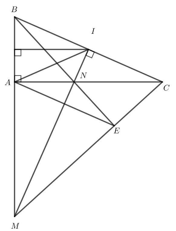 Cho tam giác ABC vuông tại A, AC > AB. Đường trung trực của AB cắt BC tại I. a) Chứng minh rằng  Tam giác AIB, tam giác AIC là các tam giác cân. b) Từ I kẻ đường thẳng d vuông góc với BC, cắt tia BA và AC tại M và N; tia BN cắt CM tại E. Chứng minh rằng EB vuông góc với MC  c) Chứng minh rằng các đường thẳng EA và BC song song với nhau. (ảnh 1)