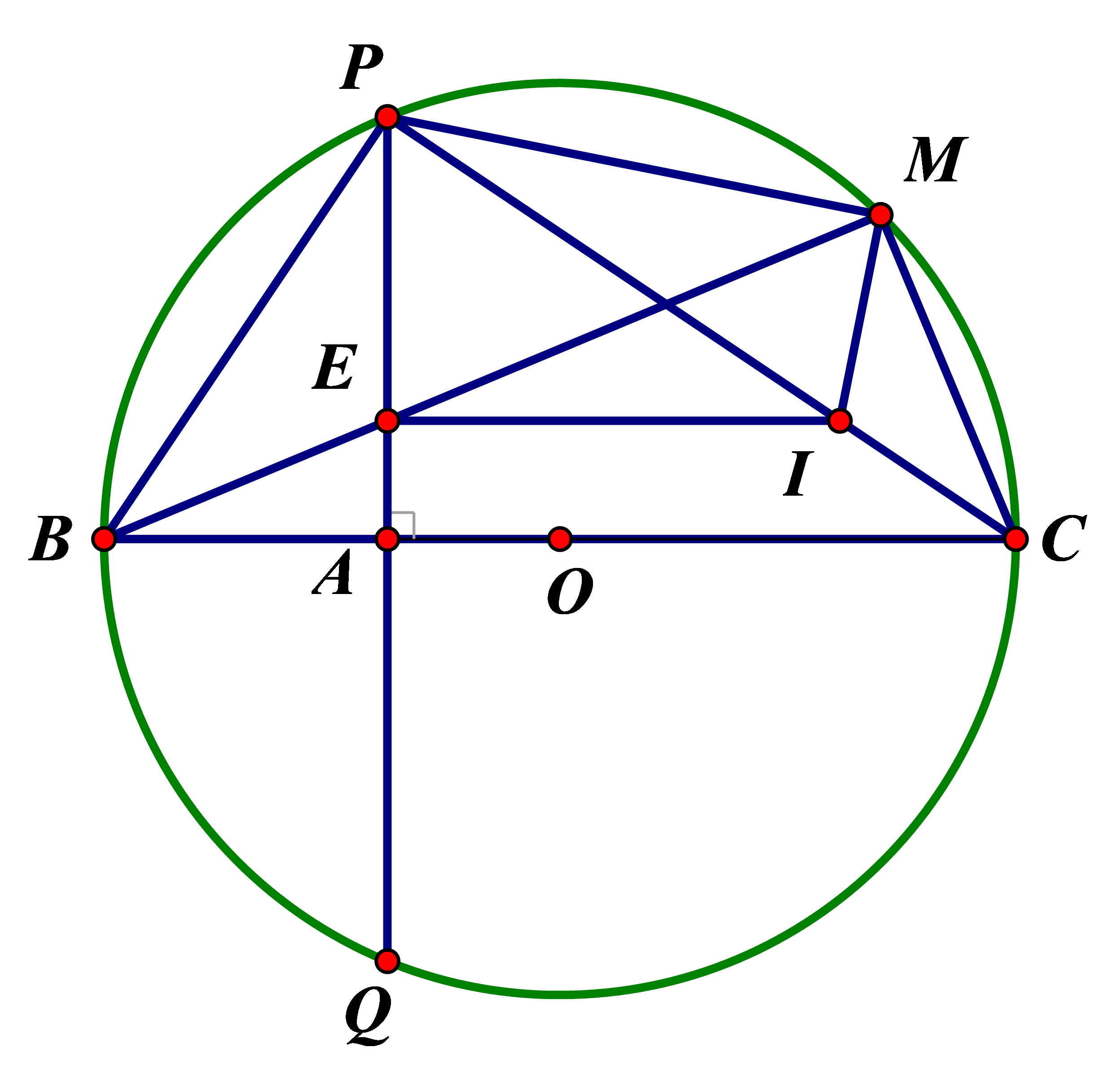 Cho đường tròn (O; R), đường kính BC cố định và điểm A cố định thuộc đoạn thẳng OB (A không trùng với O và B). Kẻ dây PQ ⊥ BC tại A. Lấy M thuộc cung lớn PQ (M không trùng với C). Nối BM cắt PQ tại E. Chứng minh: (ảnh 1)