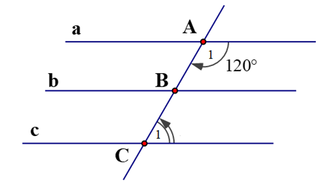 1) Cho hình vẽ sau, biết a // b và b // c. Tính số đo  góc C1 ? Cho ∆ABC vuông tại A. Tia phân giác của góc B cắt cạnh AC tại D. Trên cạnh BC lấy điểm H sao cho BH = BA. a) Chứng minh: ∆ABD = ∆HBD. b) Chứng minh: DH vuông góc BC. c) Giả sử góc C=60 độ . Tính số đo  góc ADB (ảnh 2)