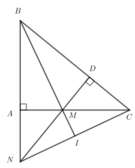 Cho tam giác ABC vuông tại A, AB = 3 cm, BC = 5 cm. Trên cạnh BC lấy điểm D sao cho BD = 3 cm. Đường thẳng vuông góc với BC tại D cắt cạnh AC tại M, cắt tia BA tại N. a) Tính AC và so sánh các góc của tam giác ABC. b) Chứng minh MA = MD và tam giác MNC cân. c) Gọi I là trung điểm của CN. Chứng minh ba điểm B, M, I thẳng hàng. (ảnh 1)