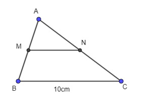 a. Nêu tính chất đường trung bình của tam giác? b. Cho tam giác ABC. Gọi M là trung điểm của AB, N là trung điểm của AC, biết BC = 10cm. Tính MN. (ảnh 1)