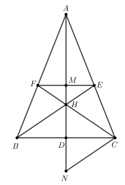 Cho tam giác ABC cân (AB = AC). Các đường phân giác BE, CF cắt nhau tại H. a) Chứng minh tam giác ABE= tam giác ACF  b) Tia AH cắt BC tại D. Chứng minh D là trung điểm của BC và EF // BC. c) Chứng minh AH là trung trực của EF. So sánh HF và HC. d) Tìm điều kiện của tam giác ABC để HC = 2.HD. (ảnh 1)