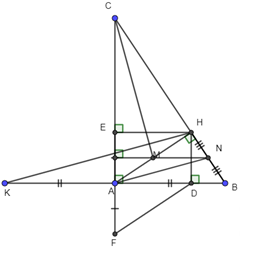 Cho tam giác ABC  vuông tại A có AH là đường cao. Từ H vẽ HD vuông góc với cạnh AB tại D, vẽ HE vuông góc với cạnh AC tại E. Biết AB = 15cm, BC = 25 cm. a) Tính độ dài cạnh AC và diện tích tam giác ABC b) Chứng minh tứ giác ADHE là hình chữ nhật c) Trên tia đối của tia AC lấy điểm F sao cho  . Chứng minh tứ giác AFDH là hình bình hành d) Gọi K là điểm đối xứng của B qua A, gọi M là trung điểm của AH. Chứng minh:  CM vuông góc với HK (ảnh 1)
