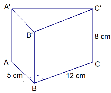 Một hình lăng trụ đứng có đáy là tam giác vuông (như hình vẽ). Độ dài hai cạnh góc vuông của đáy là 5 cm, 12 cm, chiều cao của lăng trụ là 8cm. Tính diện tích xung quanh và thể tích của hình lăng trụ đó.  (ảnh 2)